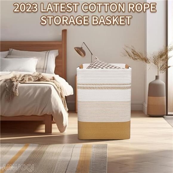 Laundry Hamper - 85L Large Laundry Basket with Leather Handles, Decorative - Picture 5 of 7